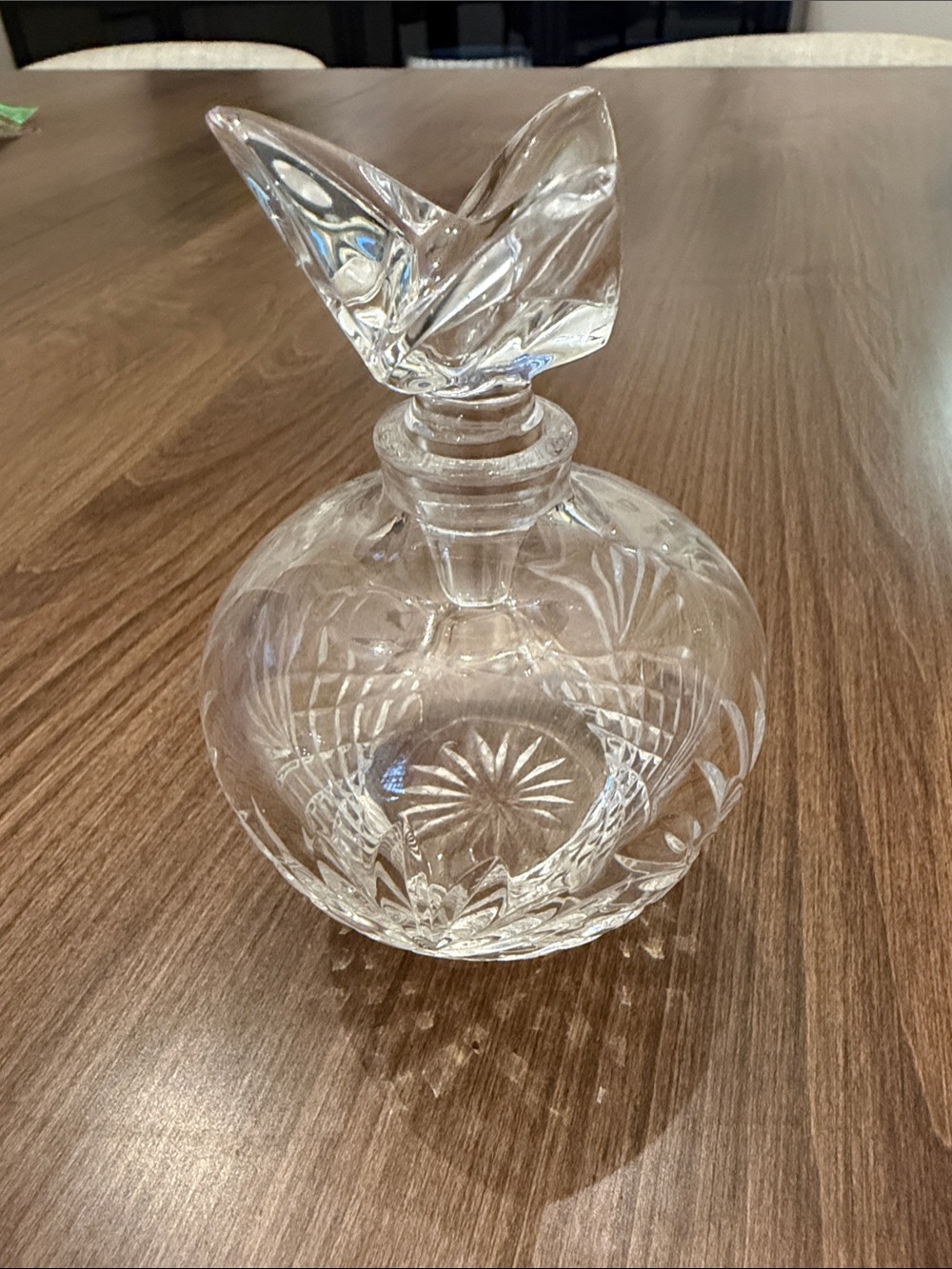 Clear Crystal Glass Perfume Bottle with Etched Floral Design